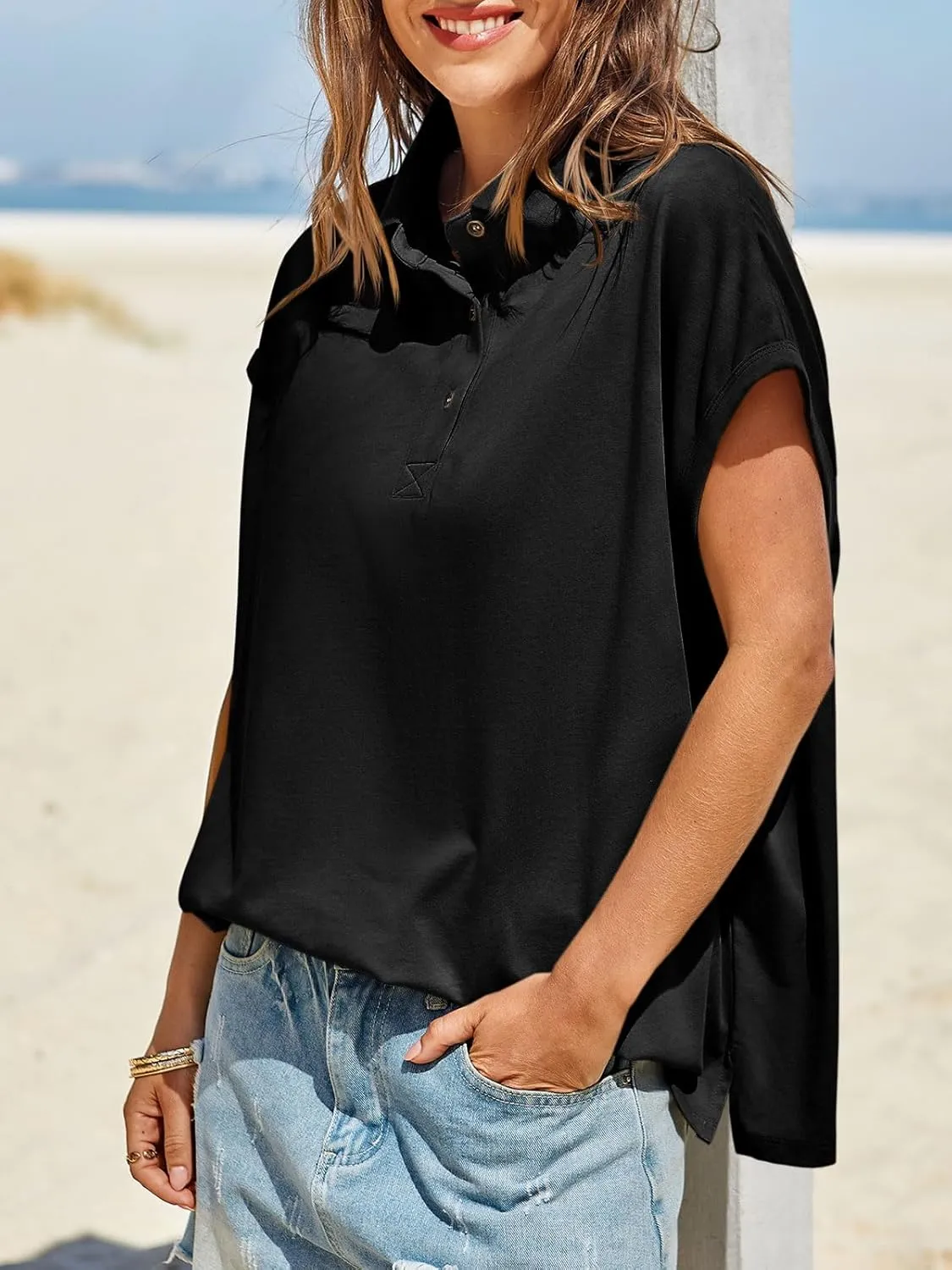 Tankaneo Womens Oversized Cap Sleeve Polo Shirts Summer Casual V Neck Tops Loose Fit Collared Cotton Tee Shirts