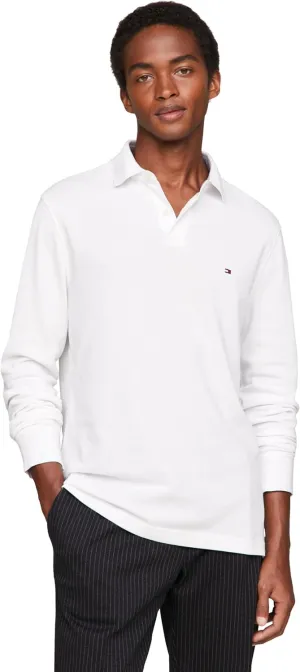 Tommy Hilfiger Men's Long Sleeve Polo Shirts in Regular Fit with Stretch and Organic Pique Cotton, White