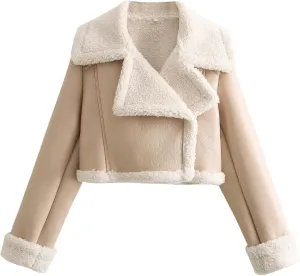 Uillui Women's Faux Shearing Fur Lined Leather Jacket Warm Thick Winter Coat Sherpa Lined Short Moto Biker Short Crop Coats
