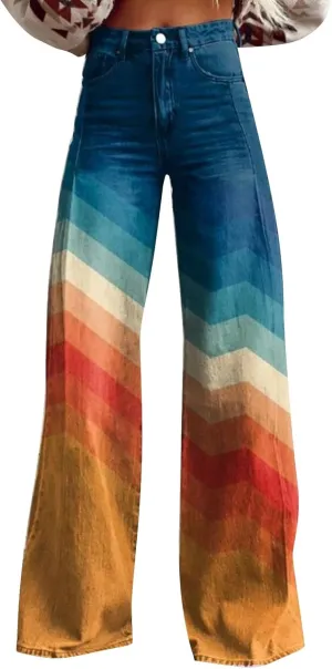 Wide Leg Flare Jeans for Women with Pockets Baggy Pants Vintage Floral Print High Waisted Loose Pant