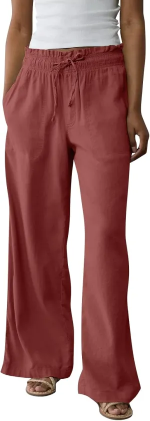Wide Leg Linen Pants for Women 2025 Casual Loose High Waisted Pants with Pockets Flowy Comfy Beach Trousers Work Outfits