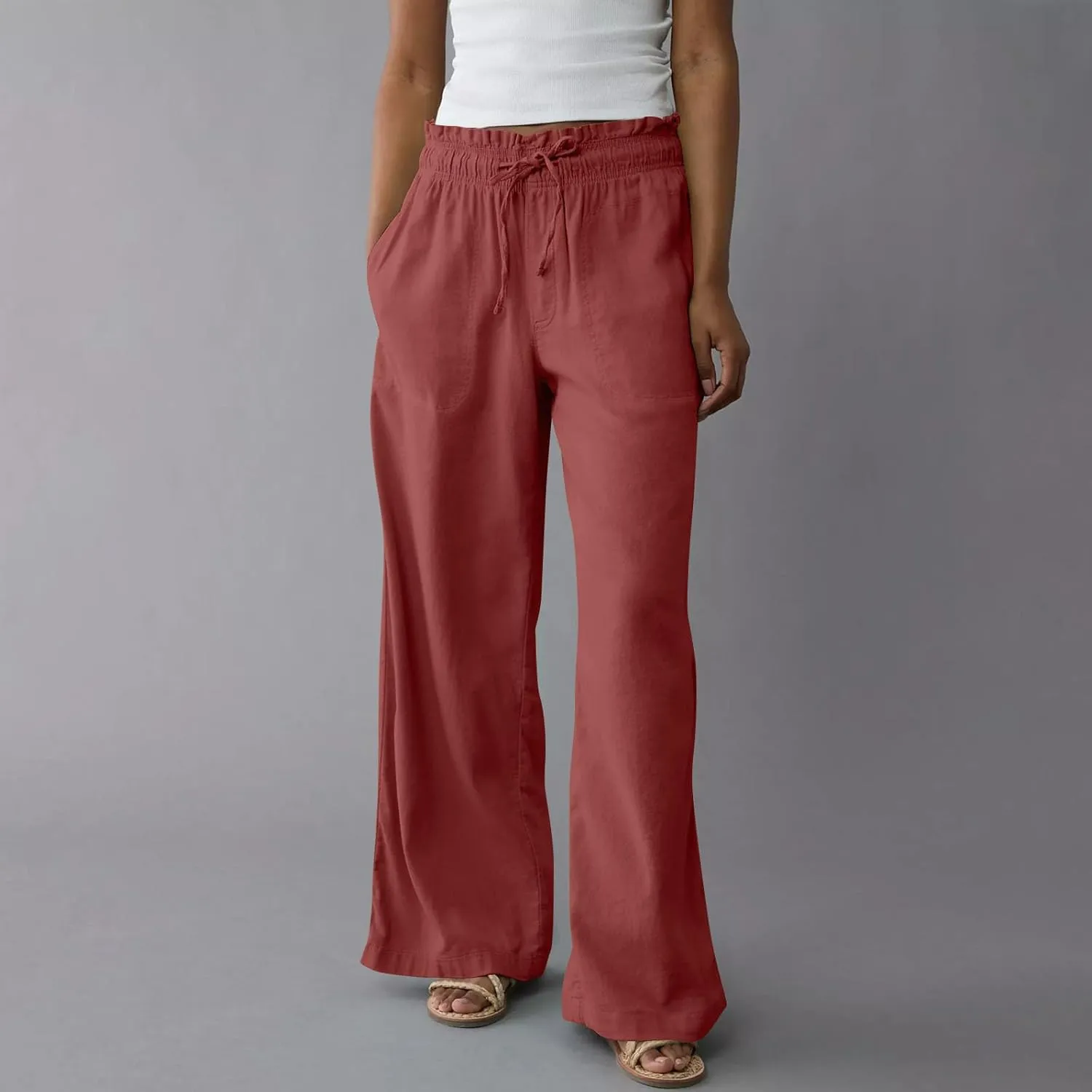 Wide Leg Linen Pants for Women 2025 Casual Loose High Waisted Pants with Pockets Flowy Comfy Beach Trousers Work Outfits