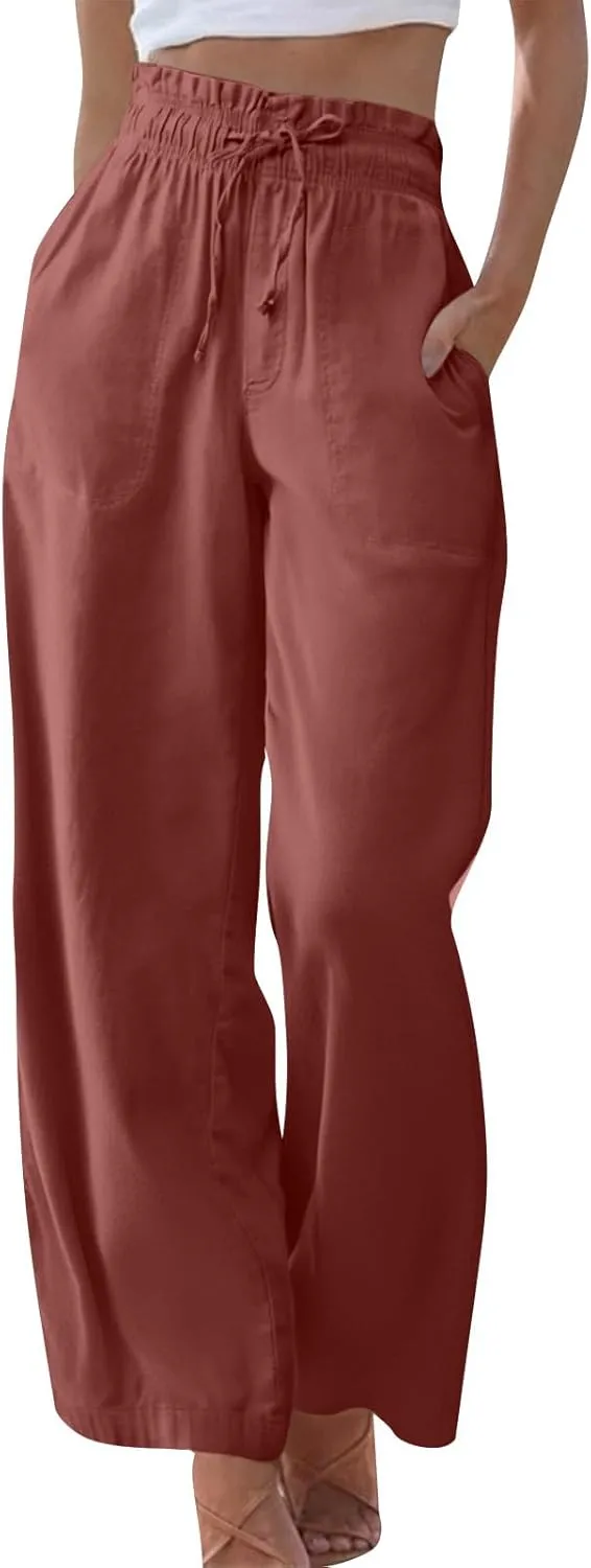 Wide Leg Linen Pants for Women 2025 Casual Loose High Waisted Pants with Pockets Flowy Comfy Beach Trousers Work Outfits