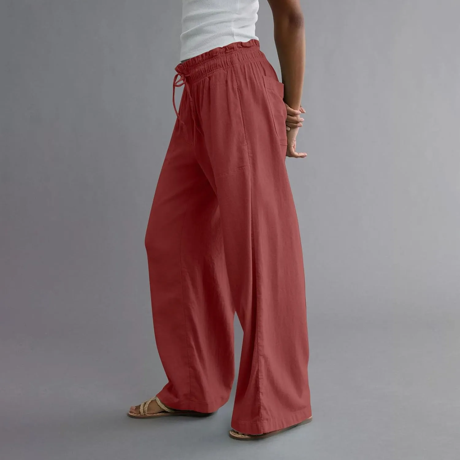 Wide Leg Linen Pants for Women 2025 Casual Loose High Waisted Pants with Pockets Flowy Comfy Beach Trousers Work Outfits