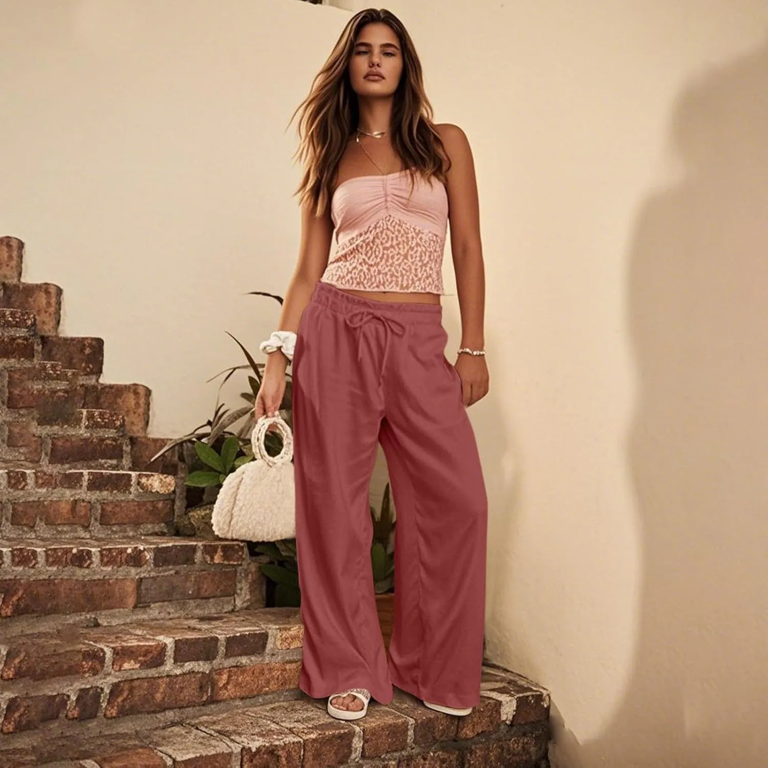 Wide Leg Linen Pants for Women 2025 Casual Loose High Waisted Pants with Pockets Flowy Comfy Beach Trousers Work Outfits