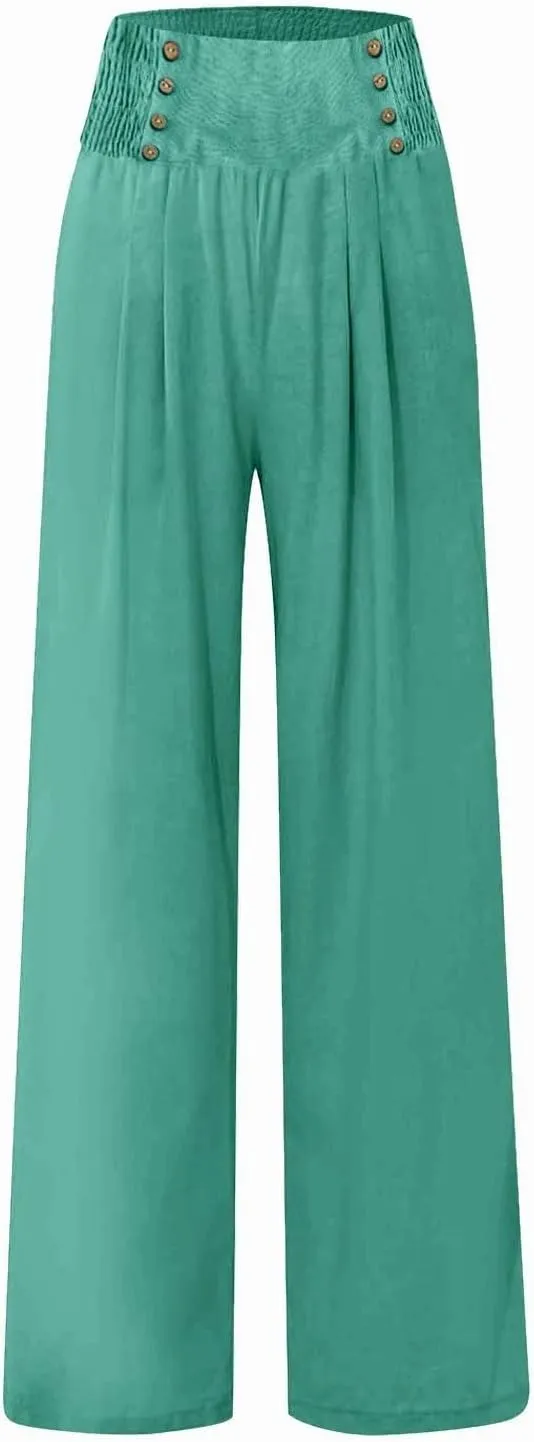 Wide Leg Linen Pants for Women Elastic Smocked Waist Palazzo Pants Lightweight Summer Boho Beach Pants with Pockets