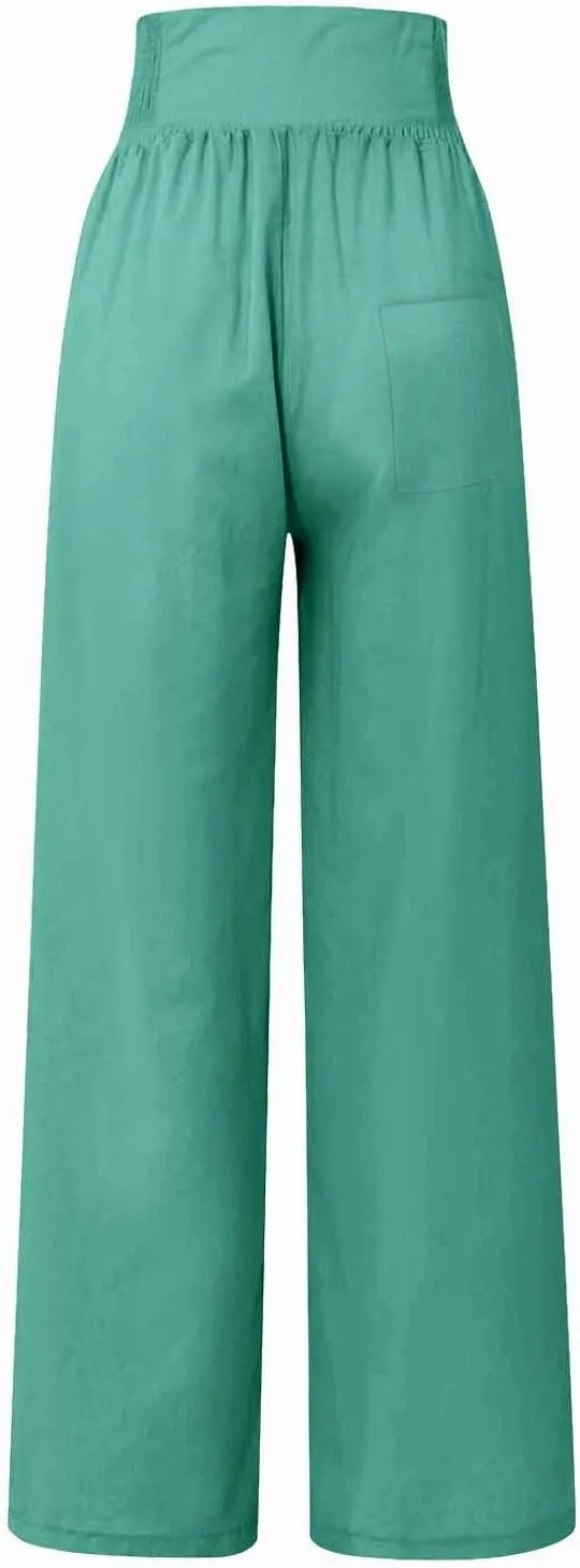 Wide Leg Linen Pants for Women Elastic Smocked Waist Palazzo Pants Lightweight Summer Boho Beach Pants with Pockets