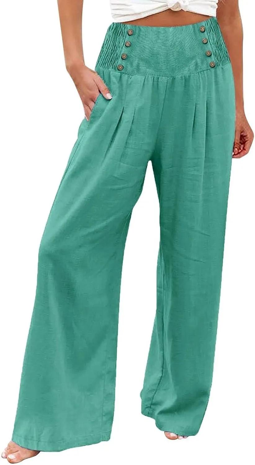 Wide Leg Linen Pants for Women Elastic Smocked Waist Palazzo Pants Lightweight Summer Boho Beach Pants with Pockets