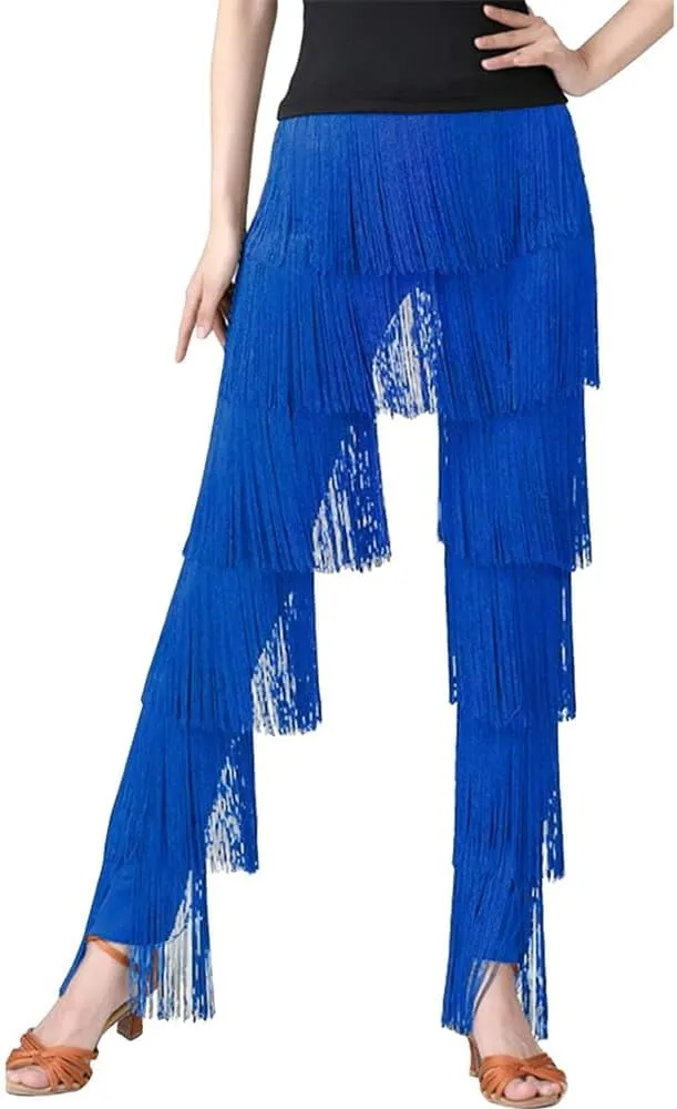 Women Latin Dance Pants Tassels Fringe Ballroom Tango Salsa Elastic Waist Practice Performance Trousers