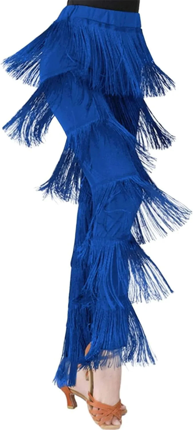 Women Latin Dance Pants Tassels Fringe Ballroom Tango Salsa Elastic Waist Practice Performance Trousers