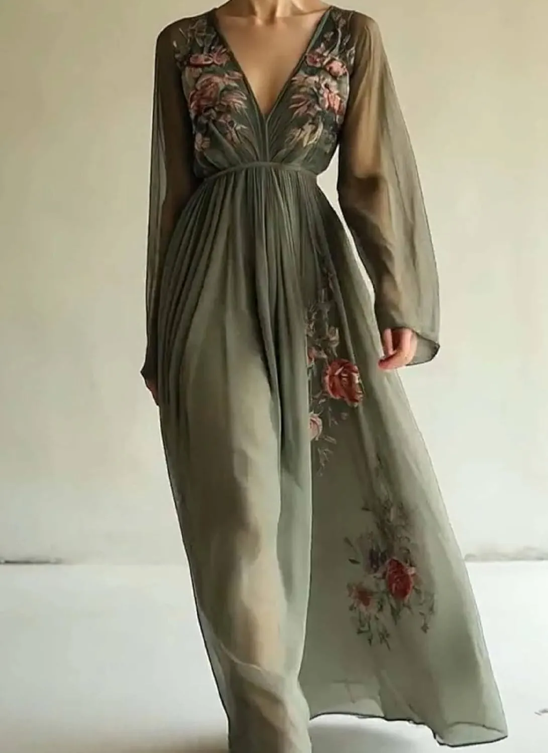 Women's Elegant Long Sleeve Maxi Dress Spring Flowy Floral Print Bohemian Wedding Guest Dresses