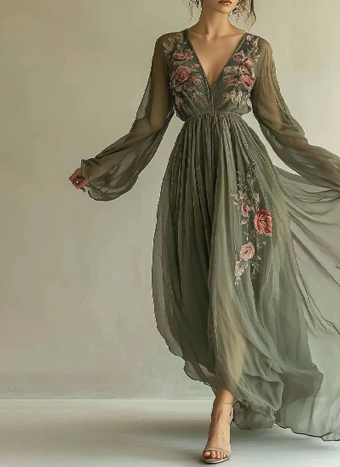 Women's Elegant Long Sleeve Maxi Dress Spring Flowy Floral Print Bohemian Wedding Guest Dresses