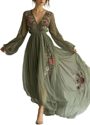 Women's Elegant Long Sleeve Maxi Dress Spring Flowy Floral Print Bohemian Wedding Guest Dresses