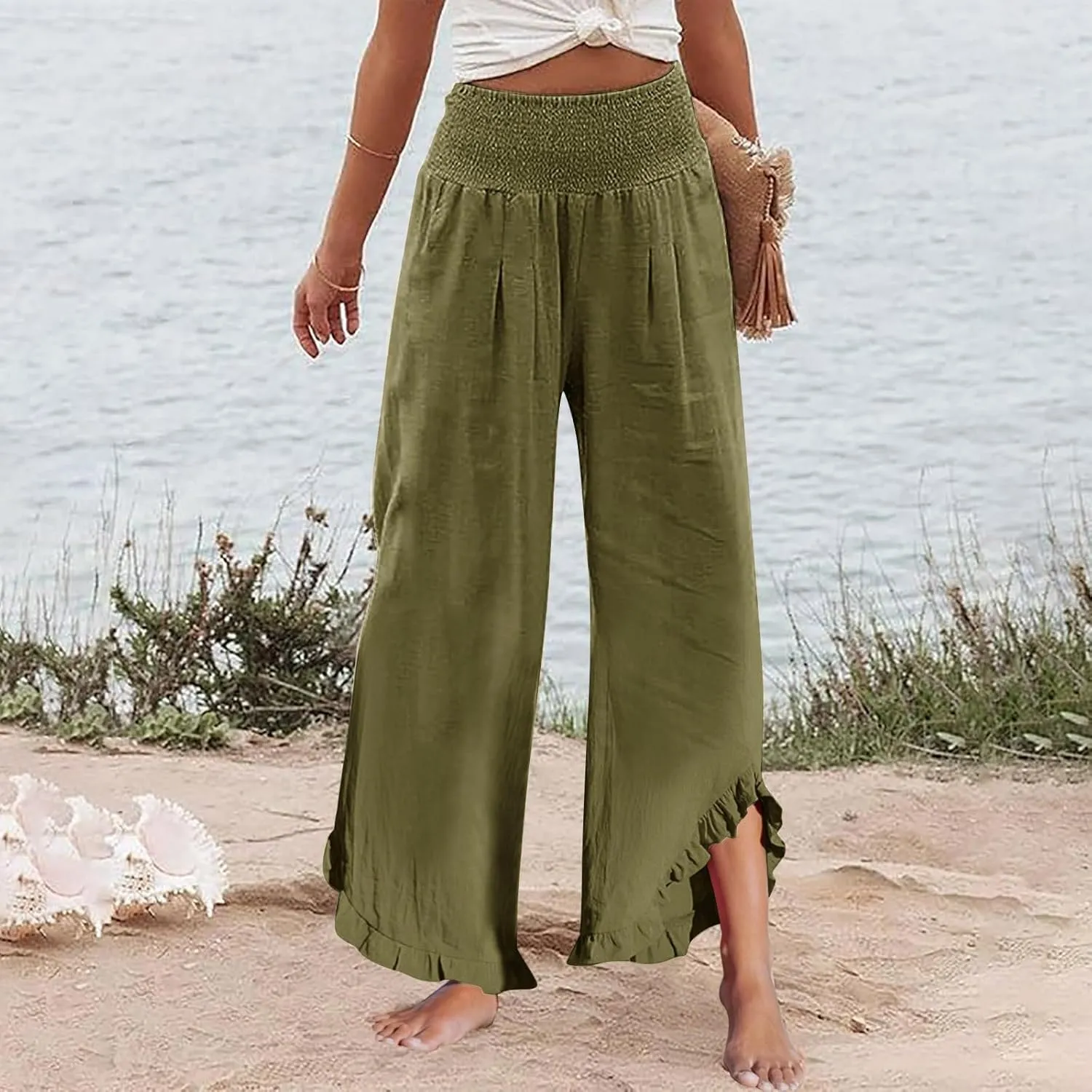 Women's Fashion Pants,Summer Wide Leg Casual Elastic High Waist Irregular Palazzo Pants with Pockets