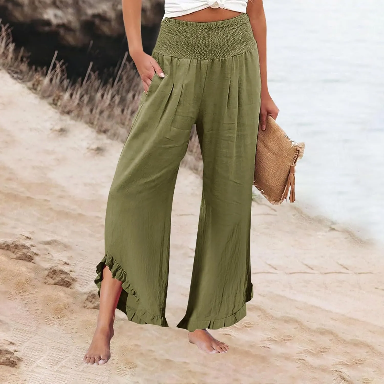 Women's Fashion Pants,Summer Wide Leg Casual Elastic High Waist Irregular Palazzo Pants with Pockets