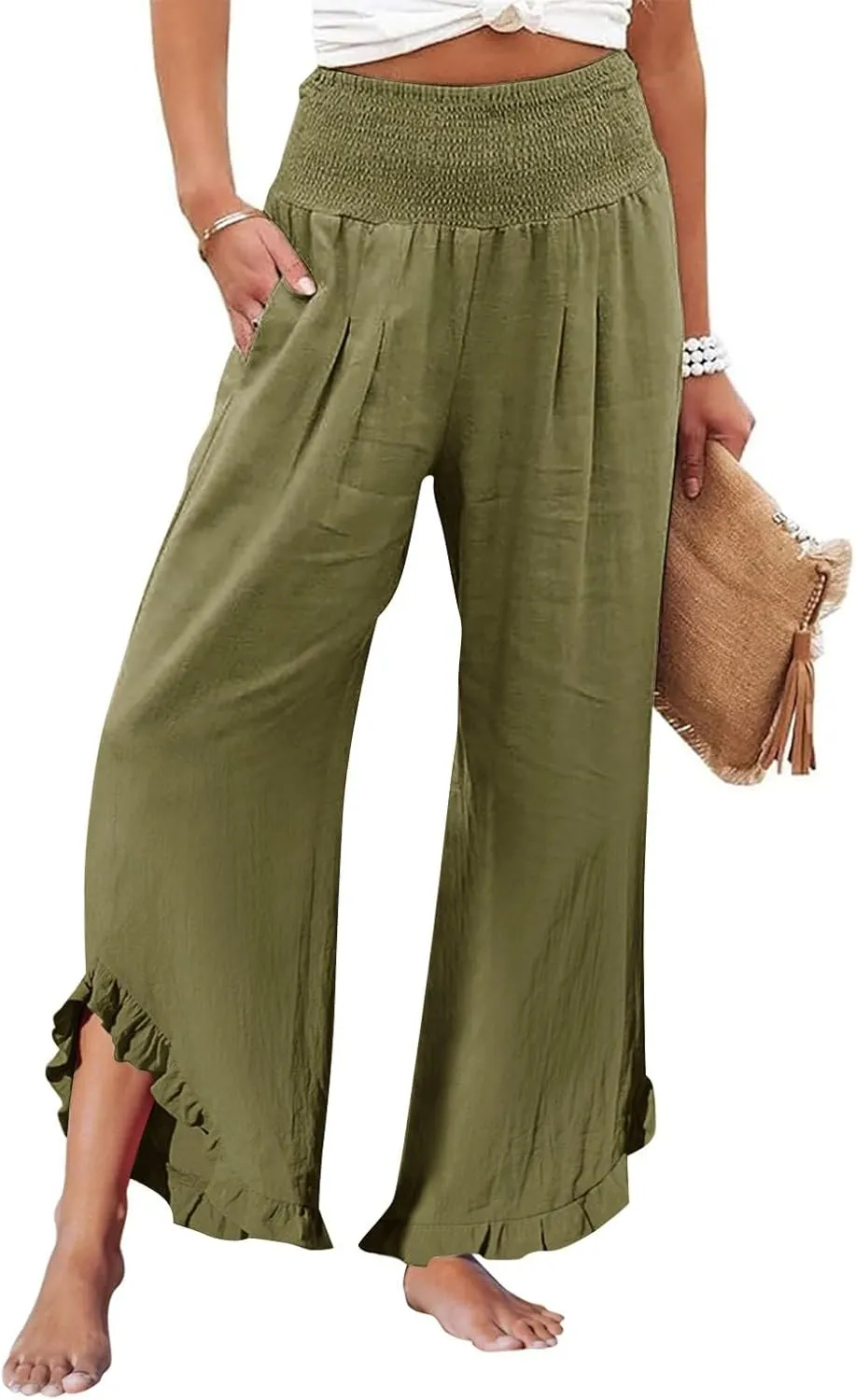 Women's Fashion Pants,Summer Wide Leg Casual Elastic High Waist Irregular Palazzo Pants with Pockets