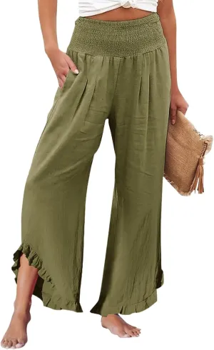Women's Fashion Pants,Summer Wide Leg Casual Elastic High Waist Irregular Palazzo Pants with Pockets