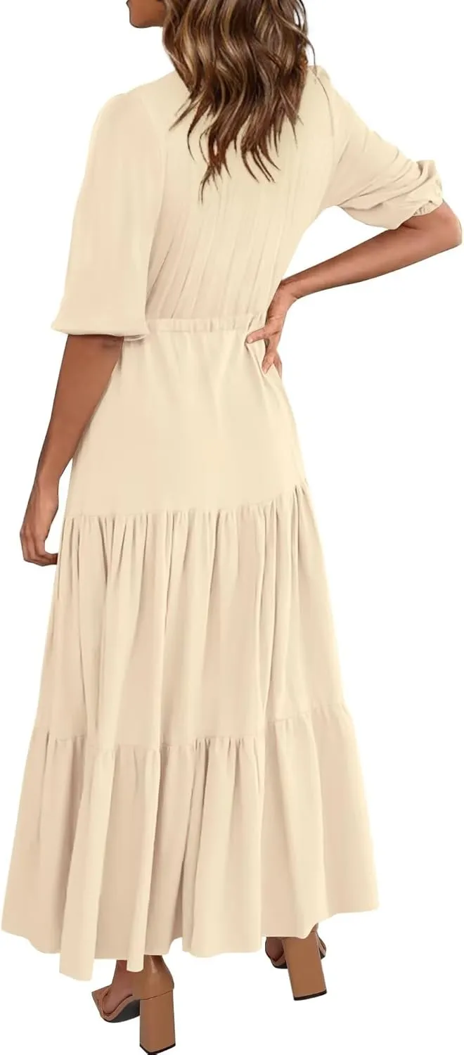 Women's Floral Print Maxi Long Dresses Deep V Neck Summer Beach Dress Half Sleeve A Line Flowy Dresses