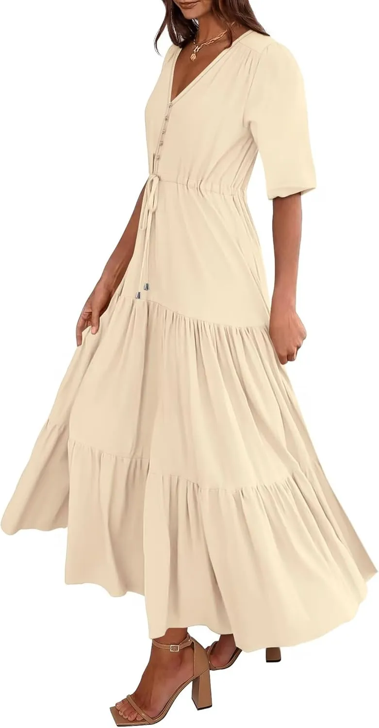 Women's Floral Print Maxi Long Dresses Deep V Neck Summer Beach Dress Half Sleeve A Line Flowy Dresses