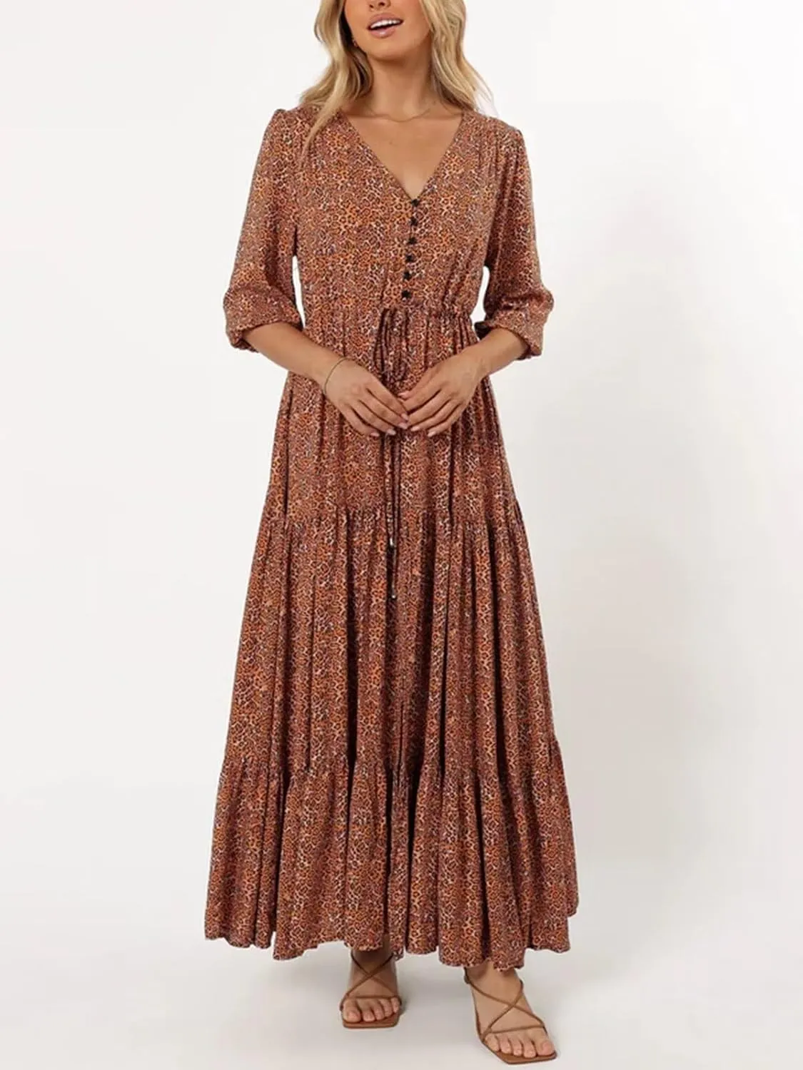 Women's Floral Print Maxi Long Dresses Deep V Neck Summer Beach Dress Half Sleeve A Line Flowy Dresses