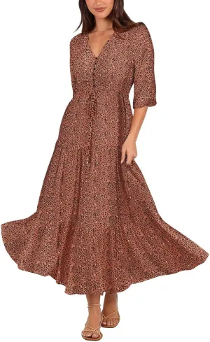 Women's Floral Print Maxi Long Dresses Deep V Neck Summer Beach Dress Half Sleeve A Line Flowy Dresses