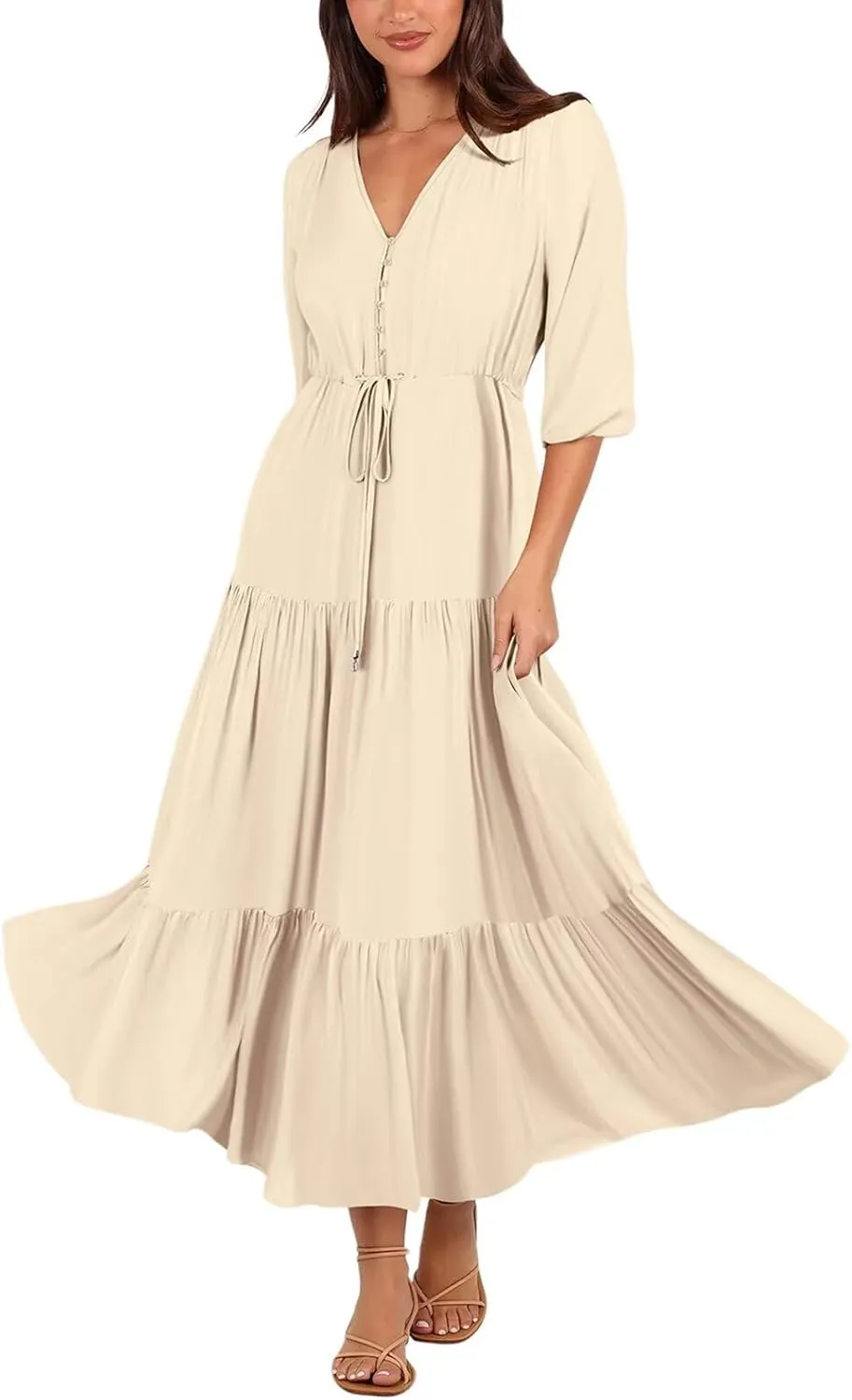 Women's Floral Print Maxi Long Dresses Deep V Neck Summer Beach Dress Half Sleeve A Line Flowy Dresses