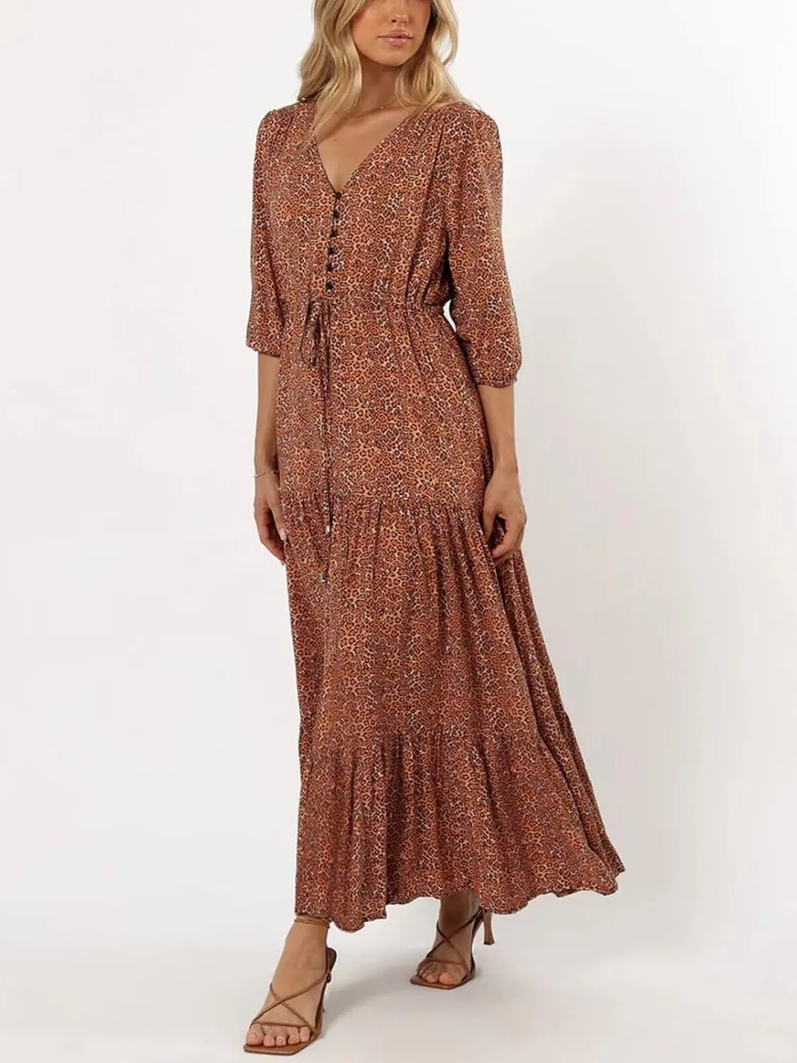 Women's Floral Print Maxi Long Dresses Deep V Neck Summer Beach Dress Half Sleeve A Line Flowy Dresses