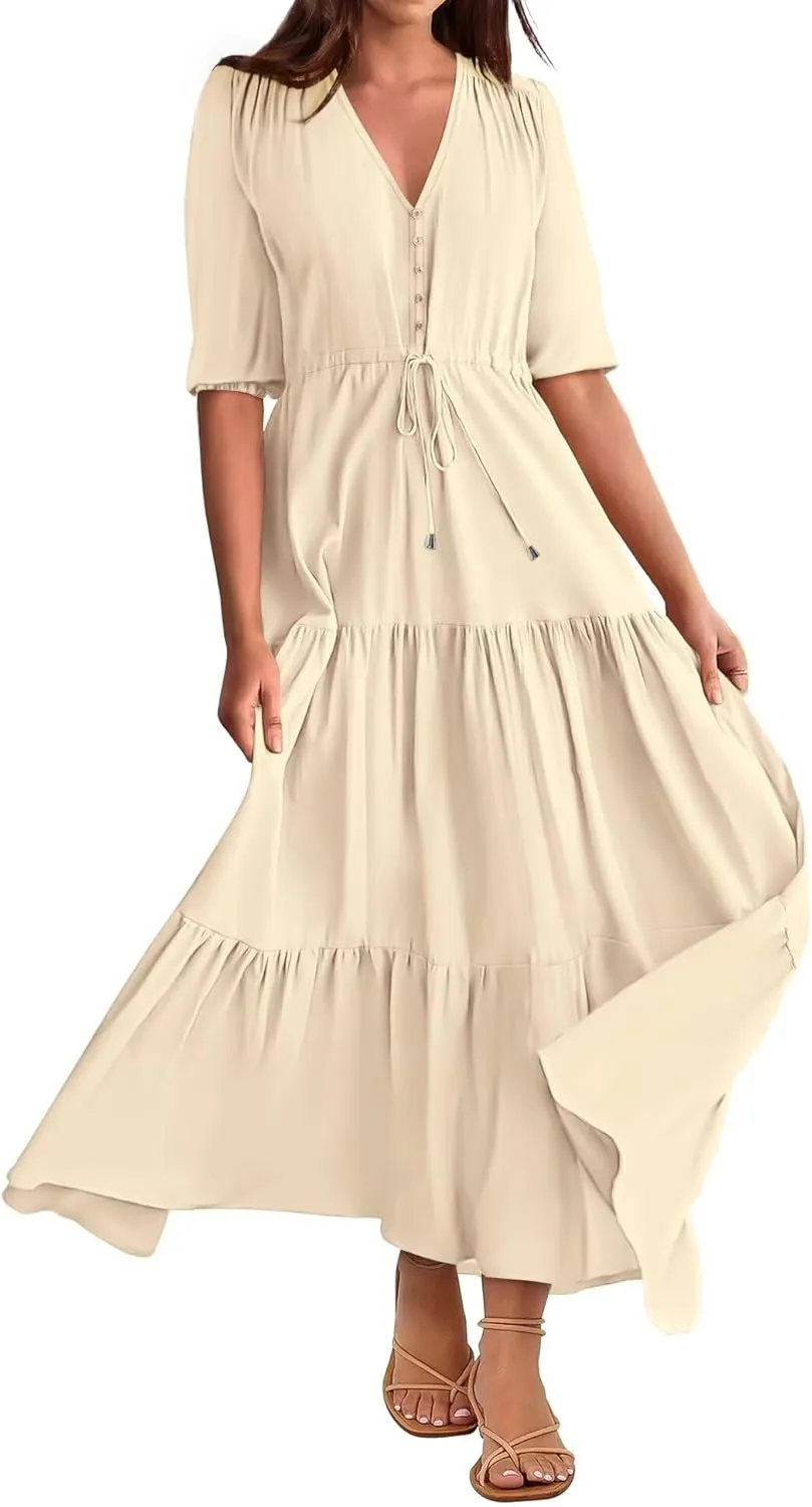 Women's Floral Print Maxi Long Dresses Deep V Neck Summer Beach Dress Half Sleeve A Line Flowy Dresses