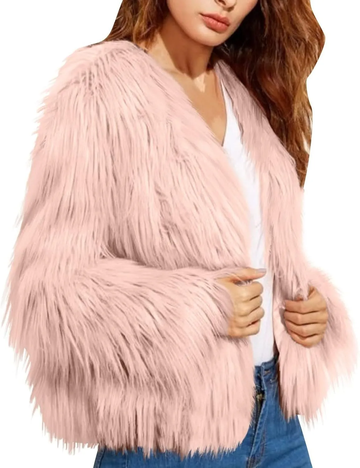 Womens Open Front Faux Fur Cardigan Winter Fashion Oversize Thermal Jackets Casual Long Sleeve Chunky Fuzzy Outwears