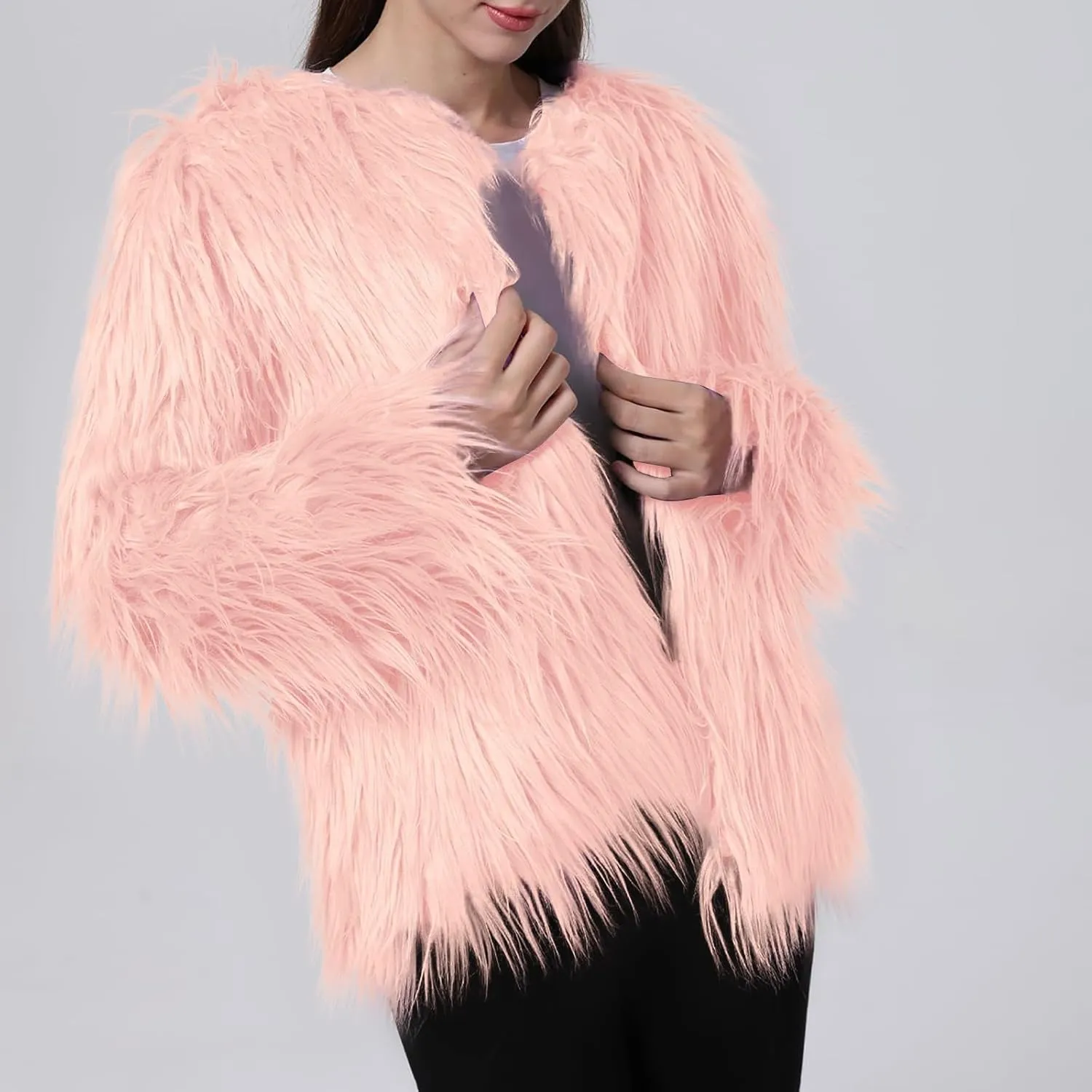 Womens Open Front Faux Fur Cardigan Winter Fashion Oversize Thermal Jackets Casual Long Sleeve Chunky Fuzzy Outwears