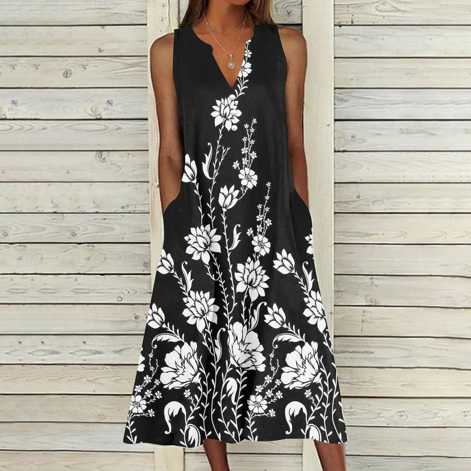 Women's Summer Design Casual Dress Sleeveless V-Neck Dress with Pockets Loose Flowy Swing Pleated Long Beach Dress