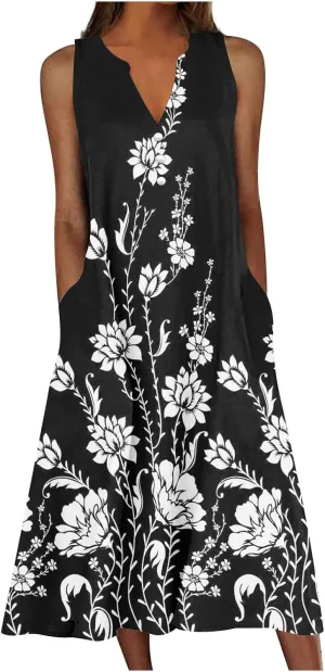 Women's Summer Design Casual Dress Sleeveless V-Neck Dress with Pockets Loose Flowy Swing Pleated Long Beach Dress