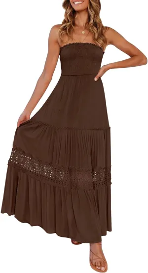ZESICA Women's 2025 Summer Bohemian Strapless Off Shoulder Lace Trim Backless Flowy A Line Beach Long Maxi Dress