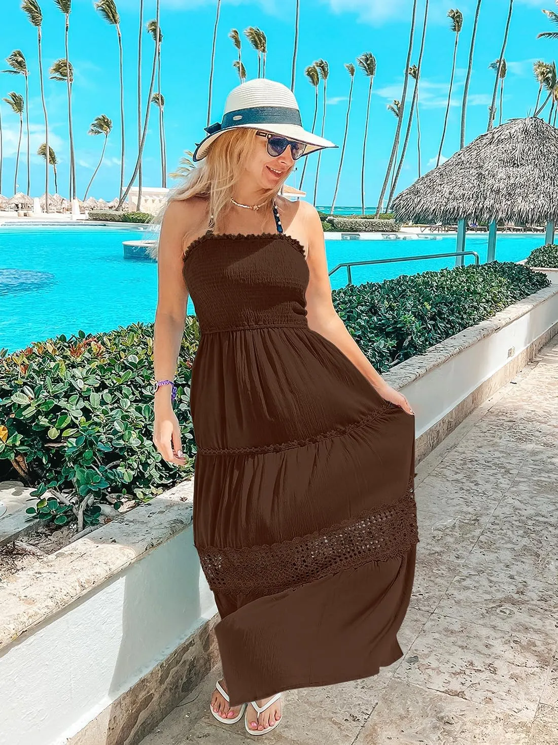 ZESICA Women's 2025 Summer Bohemian Strapless Off Shoulder Lace Trim Backless Flowy A Line Beach Long Maxi Dress