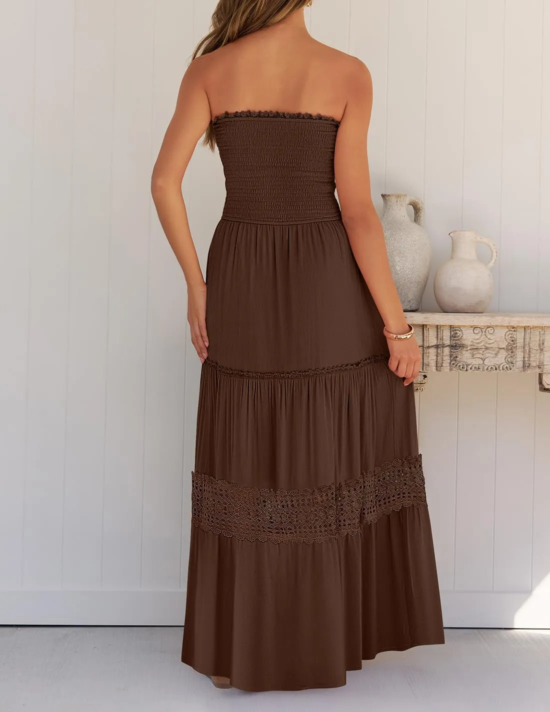 ZESICA Women's 2025 Summer Bohemian Strapless Off Shoulder Lace Trim Backless Flowy A Line Beach Long Maxi Dress
